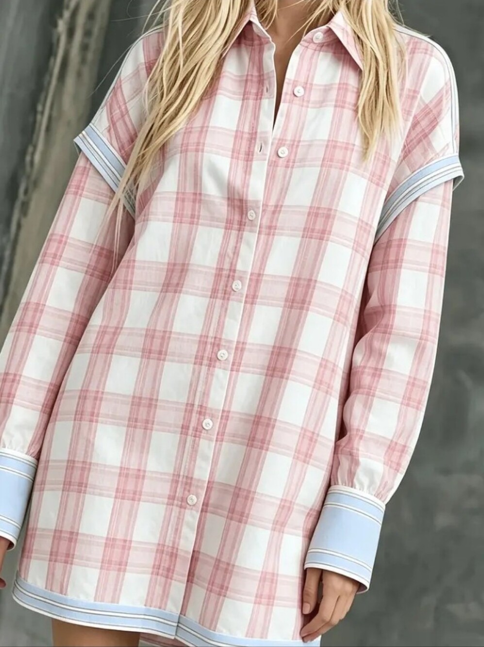 Pink and White Checkered Shirt Dress with Blue Trim, Lapel Collar, Long Sleeves